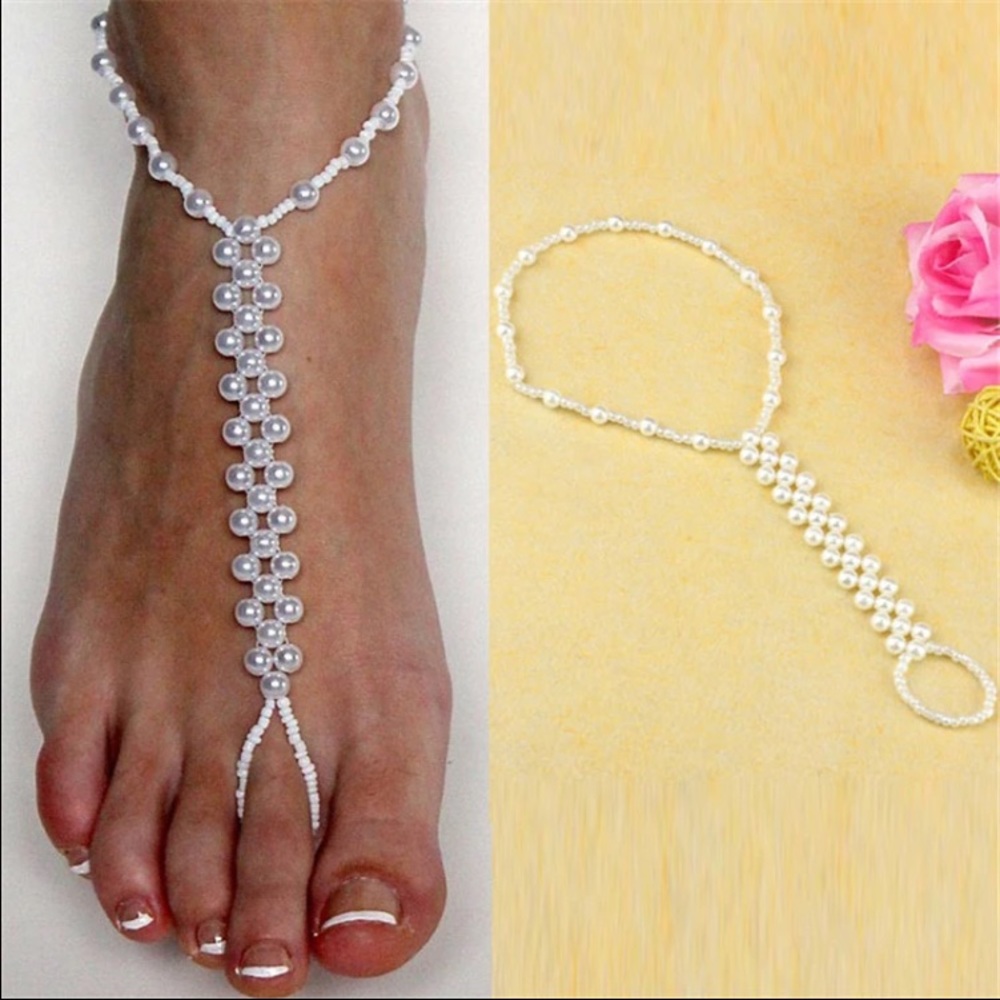 Bead & faux pearl anklet with toe ring